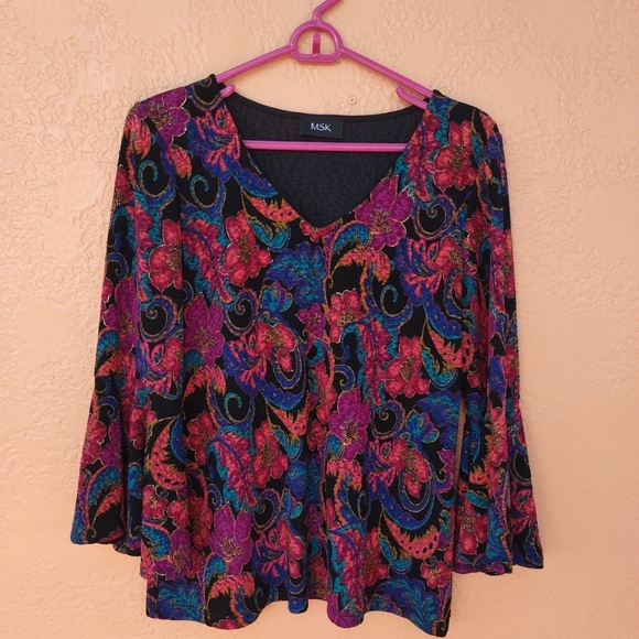 MSK Colorful Multi-Color Paisley Blouse Size L w/ Bell Sleeves - Picture 9 of 10